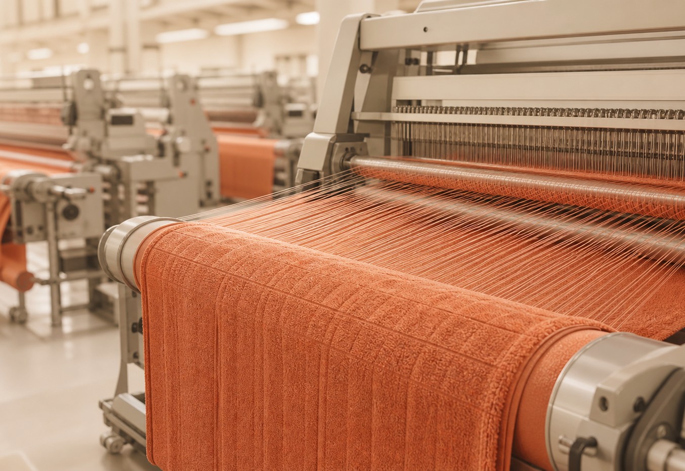 Jacquard towel looms weaving terry fabric in a Denizli mill