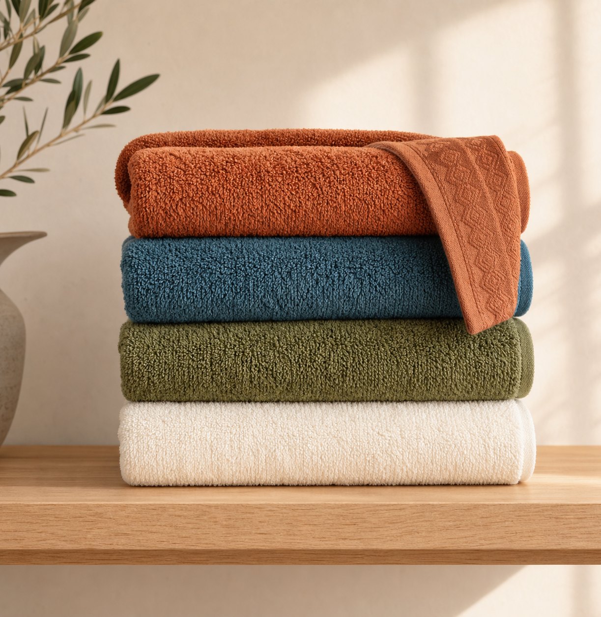 Folded stack of terry towels in terracotta, aegean blue and cream, woven in Denizli