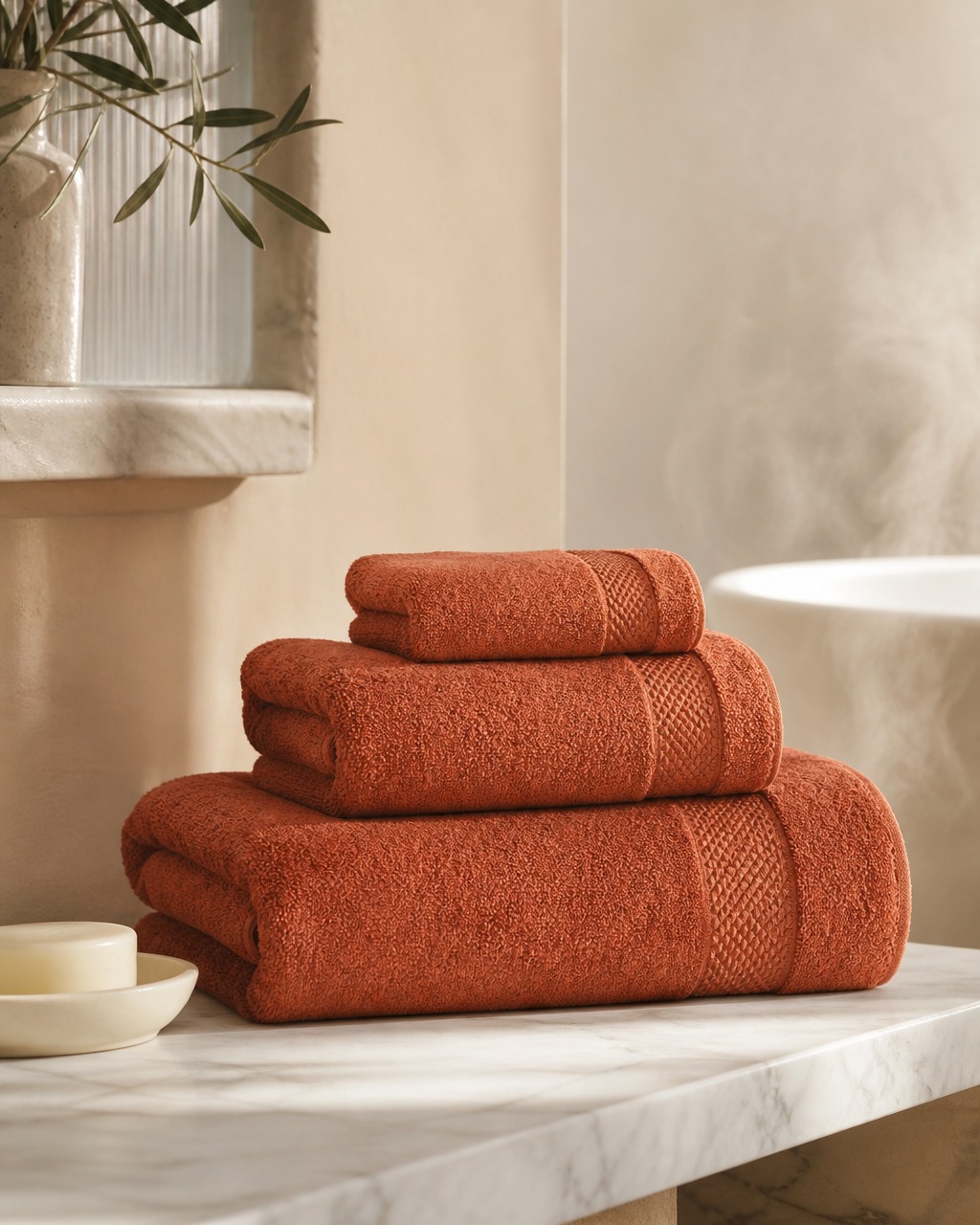 Bath towel set stack in warm colours with jacquard borders