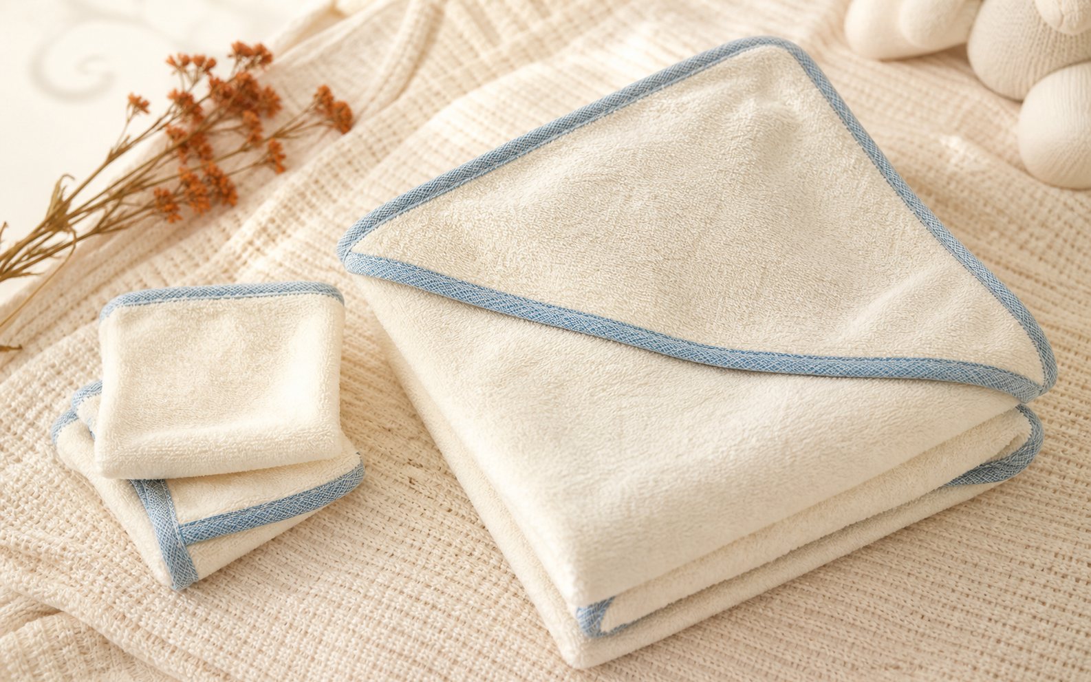 Baby hooded towel with soft pastel border