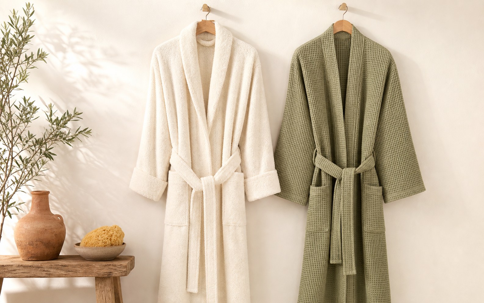 Terry and waffle bathrobes on wooden hangers