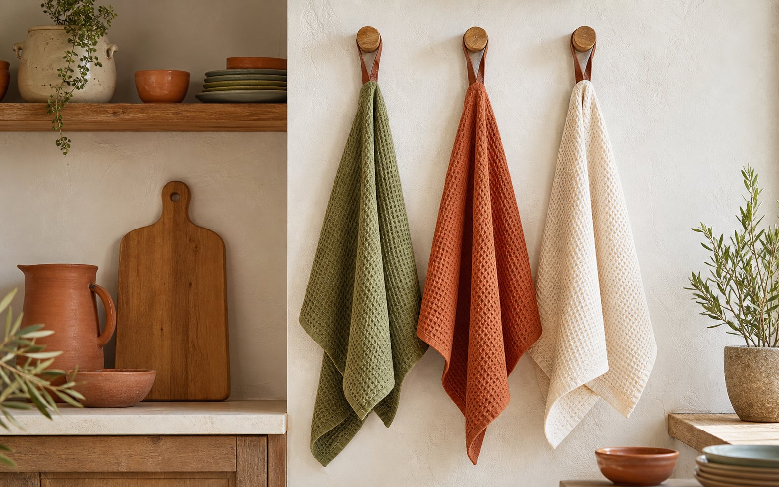 Waffle weave kitchen towels hanging on hooks