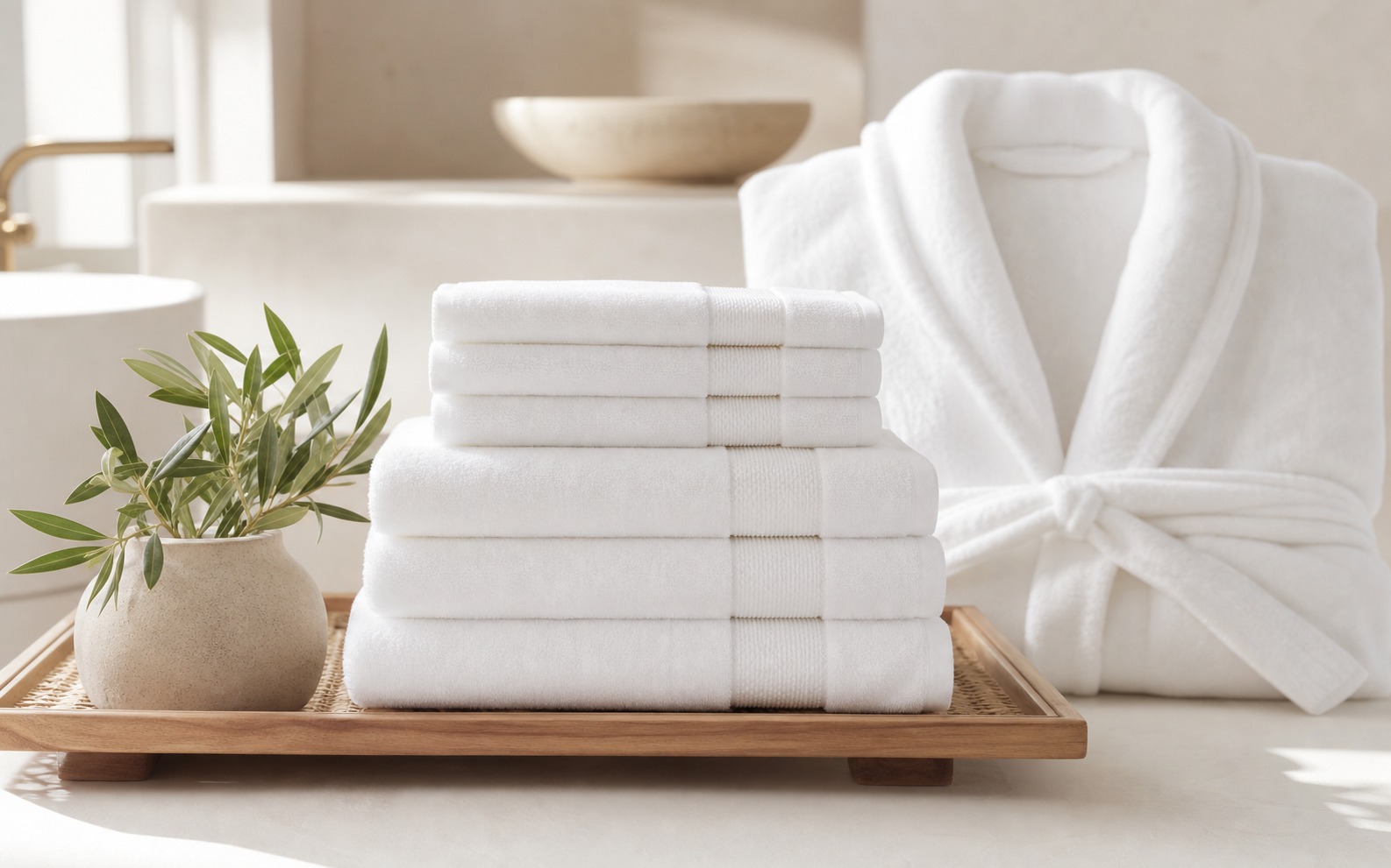 White hotel towels stacked with a spa tray