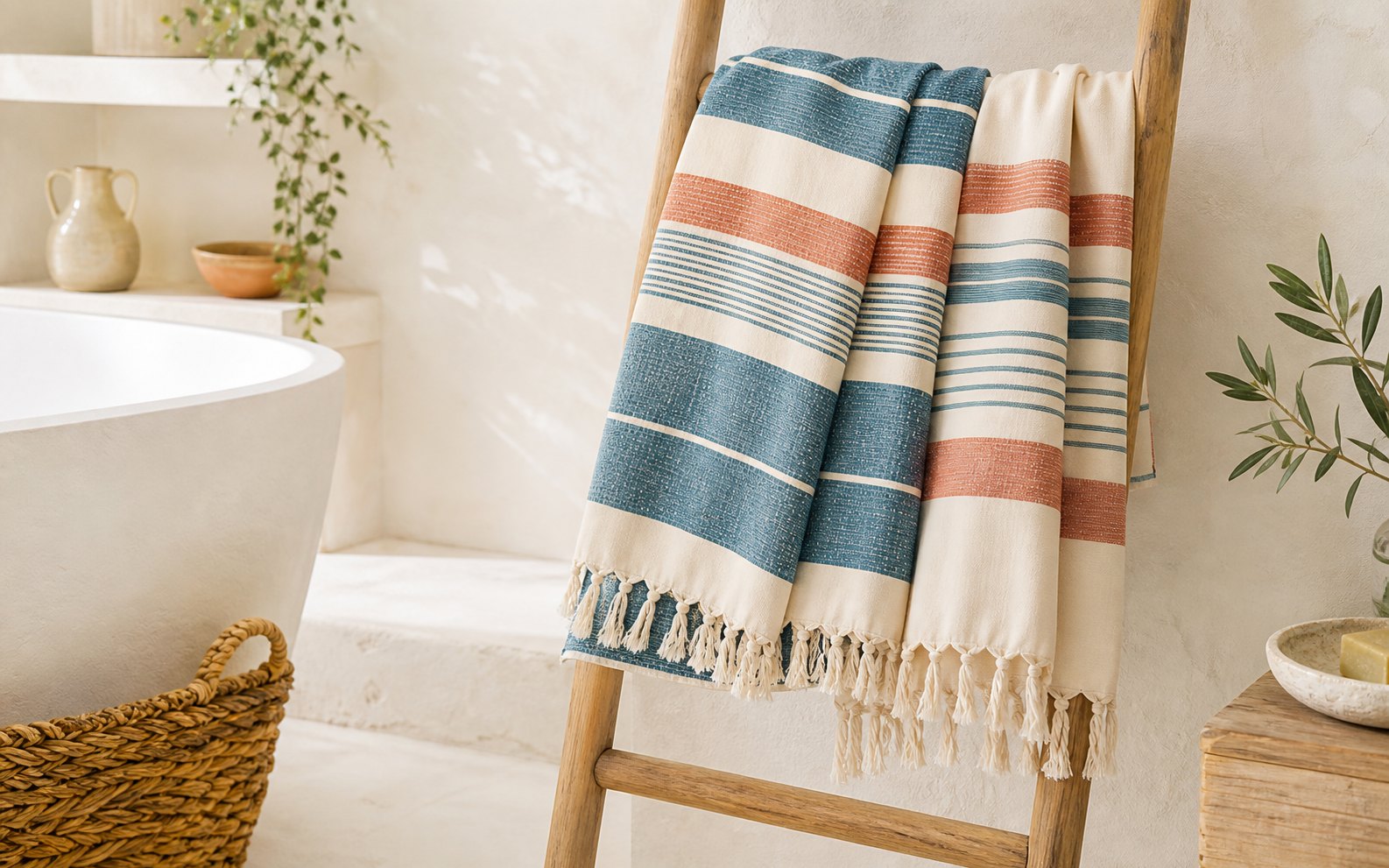Striped peshtemal hammam towels with hand-tied fringe