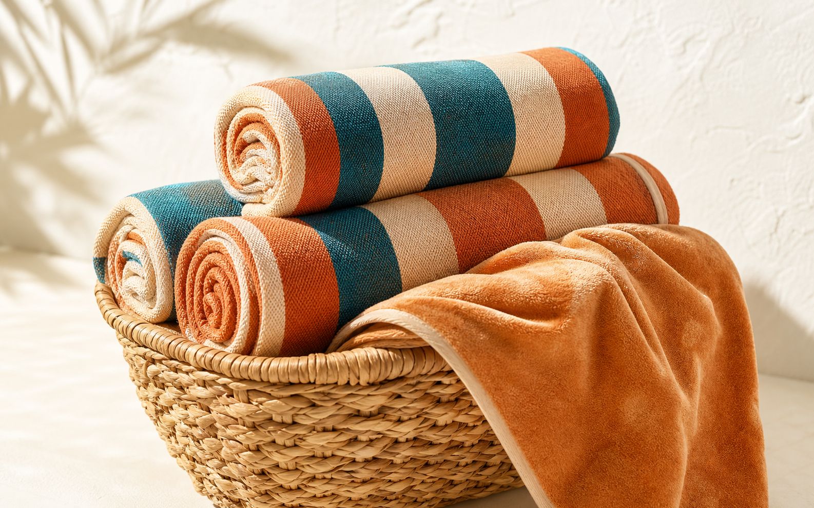 Colourful striped beach towels rolled in a basket